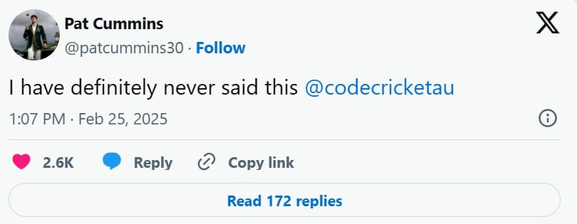 Pat Cummins's Tweet
